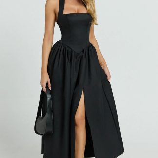 Helda Midi Dress - Halter Tie Neck Corset Panel Dress in Black