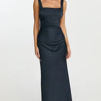 Rumi Midi Dress - Rushed Bodiest Satin Dress in Navy