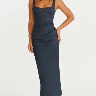 Benita Midi Dress - Scoop Neck Ruched Fitted Dress in Navy
