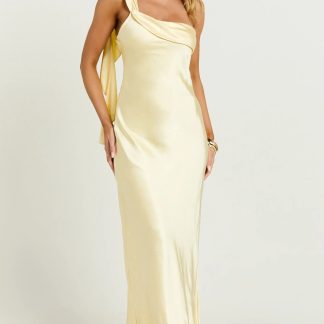 Calix Midi Dress - One Shoulder Slip Dress in Butter