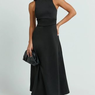 Macy Midi Dress - High Neck A Line Dress in Black
