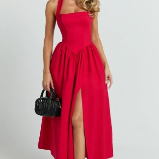 Helda Midi Dress - Halter Tie Neck Corset Panel Dress in Red