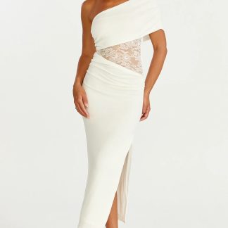 Juliet Midi Dress - One Shoulder Lace Contrast Bodycon Dress in Ivory