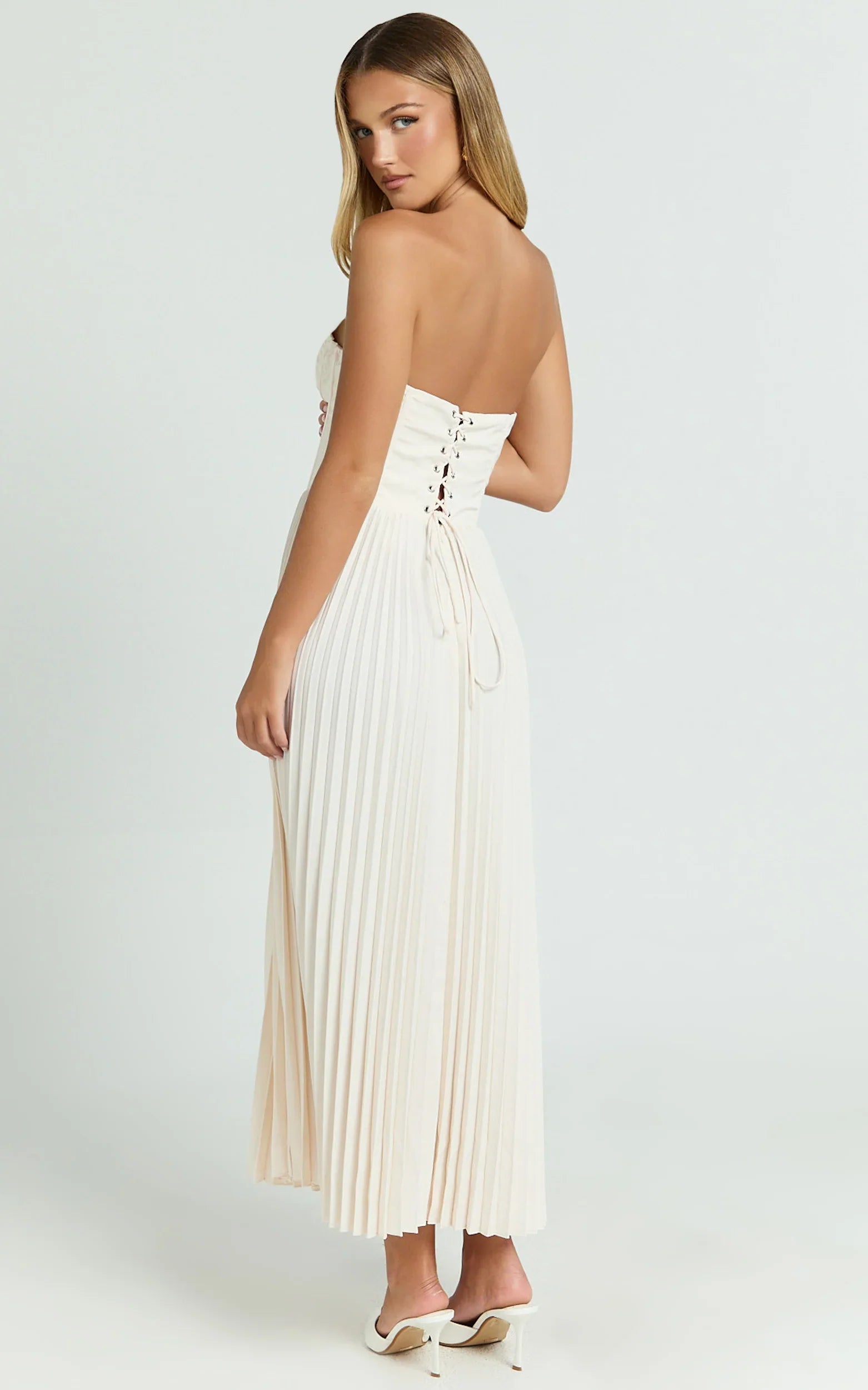 Loretta Midi Dress - Lace Up Back Bustier Pleated Dress in Cream - Image 2