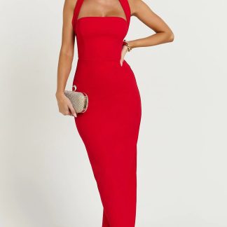 Salome Midi Dress - Halter Neck Column Dress in Red