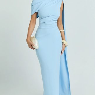 Visenta Midi Dress - Asymmetrical Sleeve Dress in Blue