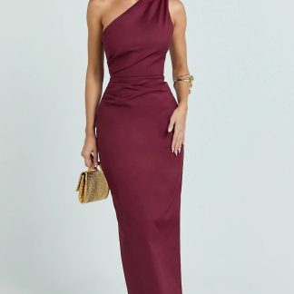 Karlie Midi Dress - One Shoulder Fitted Dress in Wine