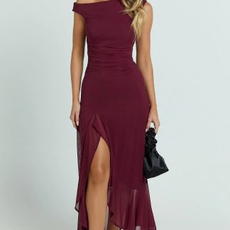 Judee Midi Dress - One Shoulder High Side Split Dress in Wine