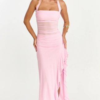 Almarie Midi Dress - Halter Neck Mesh Dress in Pink