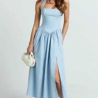 Helda Midi Dress - Halter Tie Neck Corset Panel Dress in Soft Blue