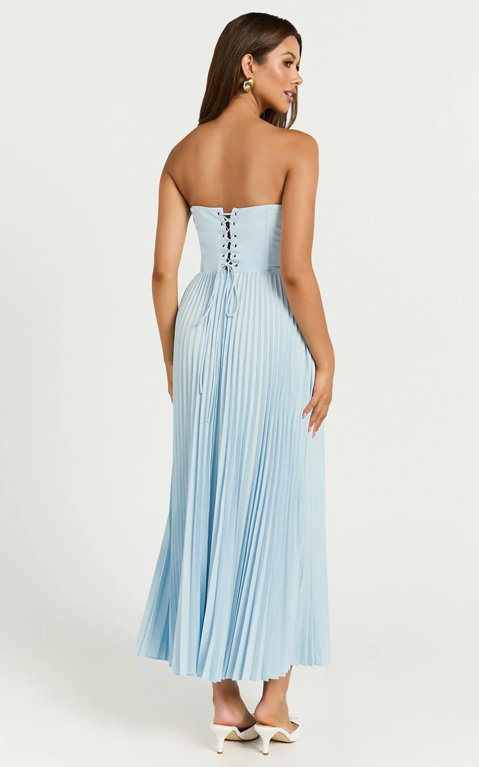 Loretta Midi Dress - Lace Up Back Bustier Pleated Dress in Light Blue - Image 2