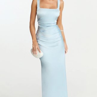 Rumi Midi Dress - Rushed Bodiest Satin Dress in Pale Blue