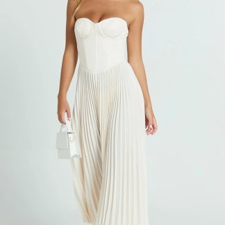 Loretta Midi Dress - Lace Up Back Bustier Pleated Dress in Cream