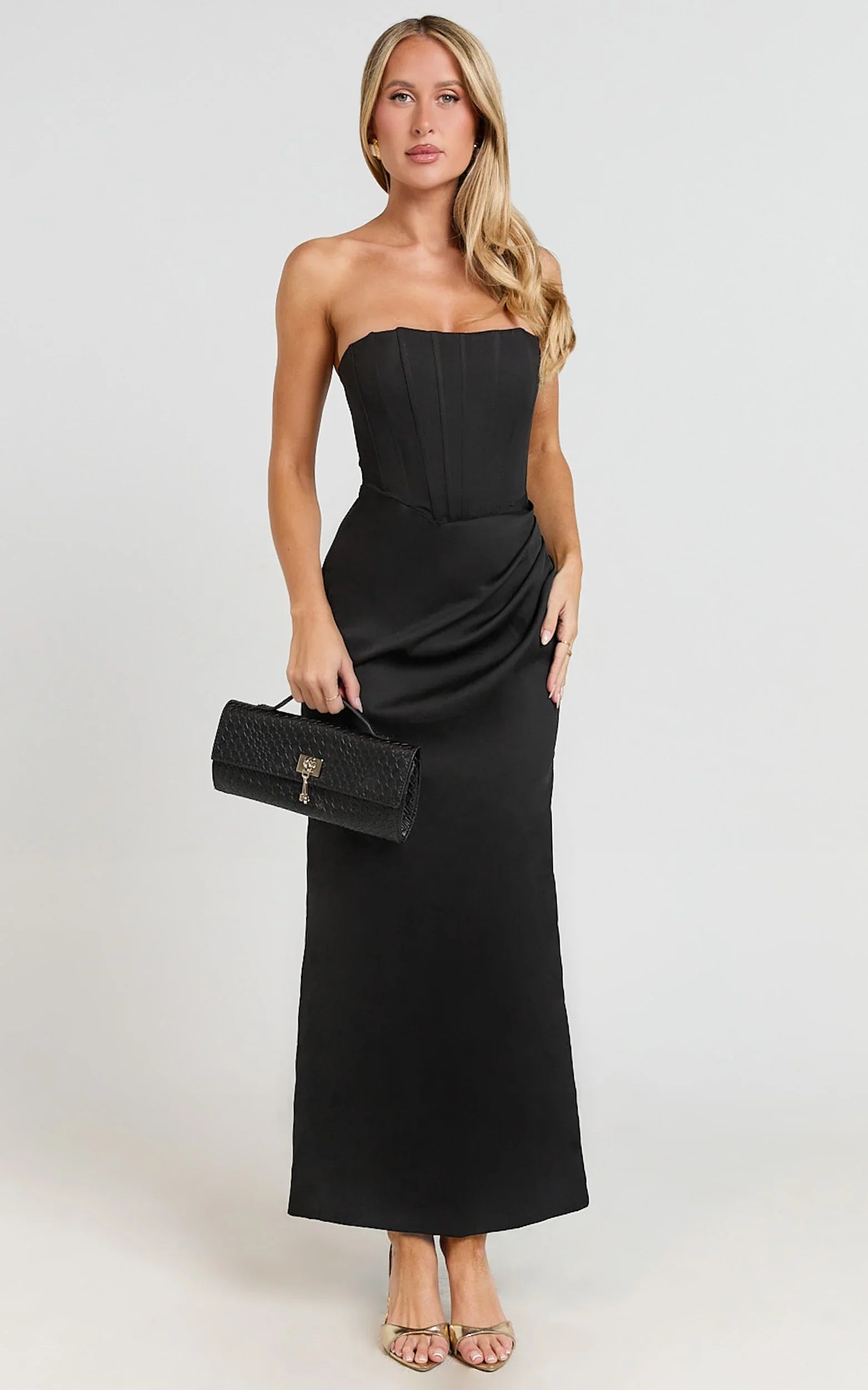 Avery Midi Dress - Strapless Draped Side Split Dress in Black - Image 2