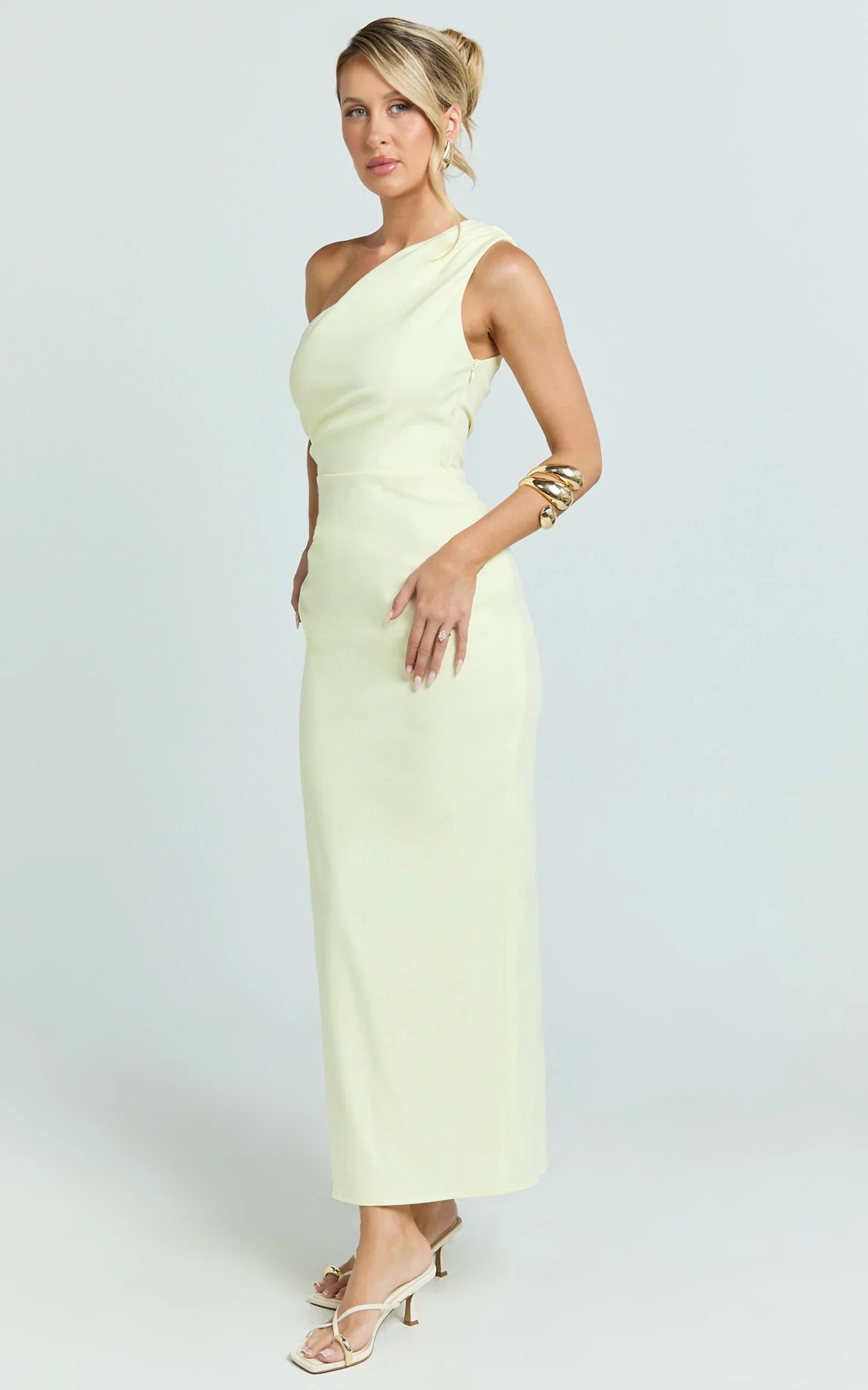 Karlie Midi Dress - One Shoulder Fitted Dress in Lemon - Image 2