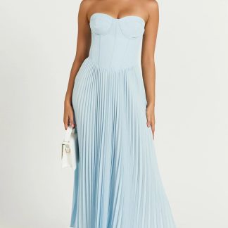 Loretta Midi Dress - Lace Up Back Bustier Pleated Dress in Light Blue