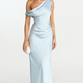 Lira Midi Dress - One Shoulder Satin Dress in Pale Blue