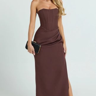 Avery Midi Dress - Strapless Draped Side Split Dress in Chocolate