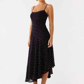 Keep You Waiting Midi Dress - Black Polkadot