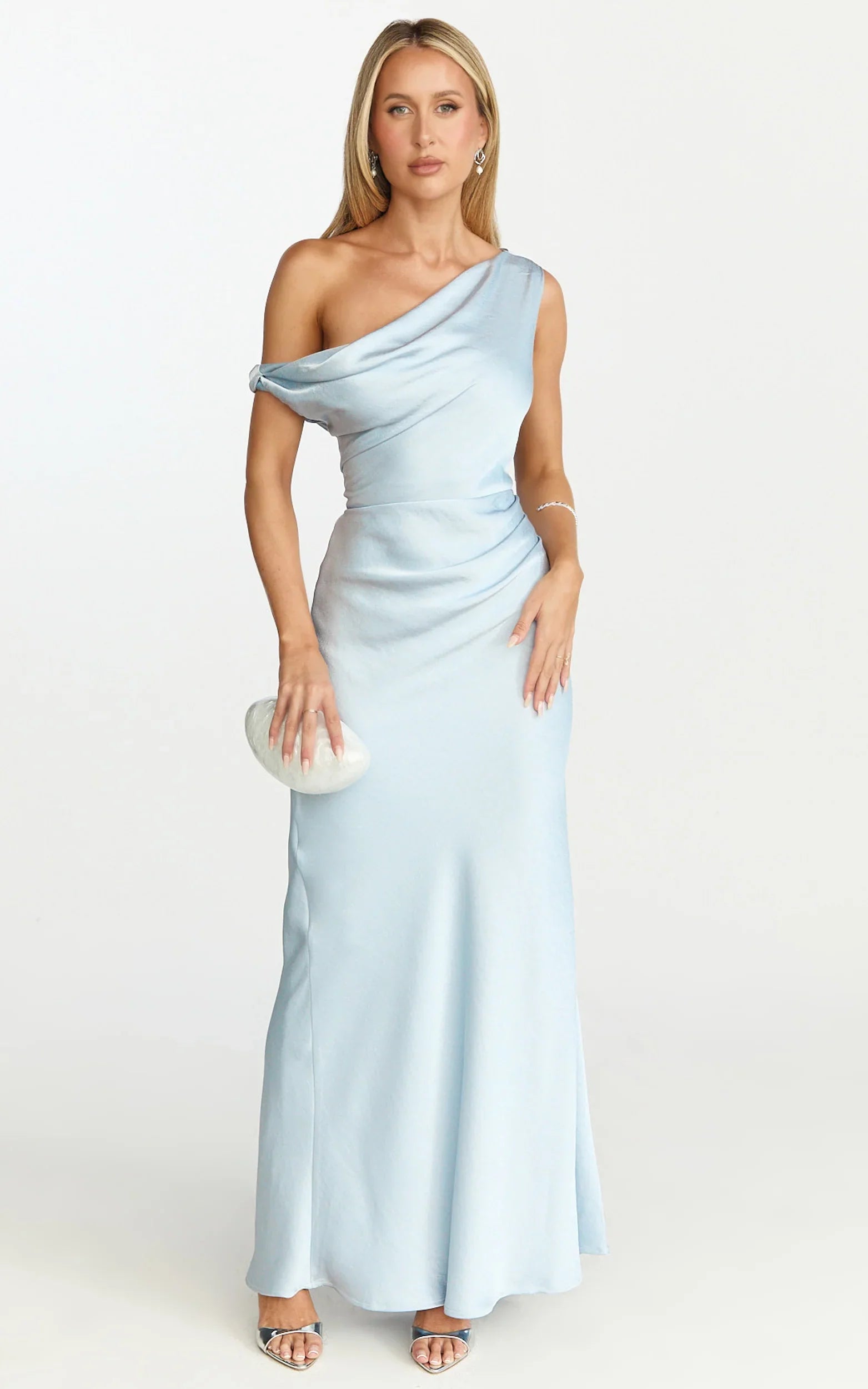 Lira Midi Dress - One Shoulder Satin Dress in Pale Blue - Image 3