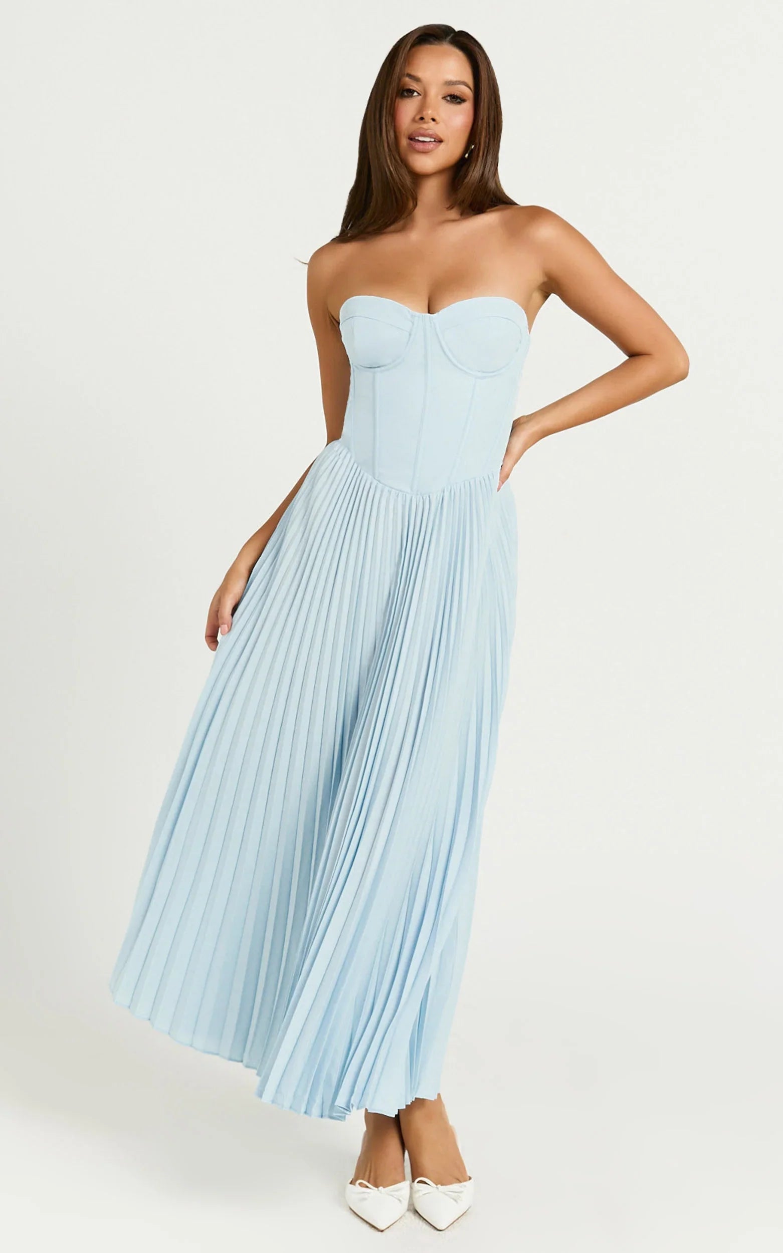 Loretta Midi Dress - Lace Up Back Bustier Pleated Dress in Light Blue - Image 3
