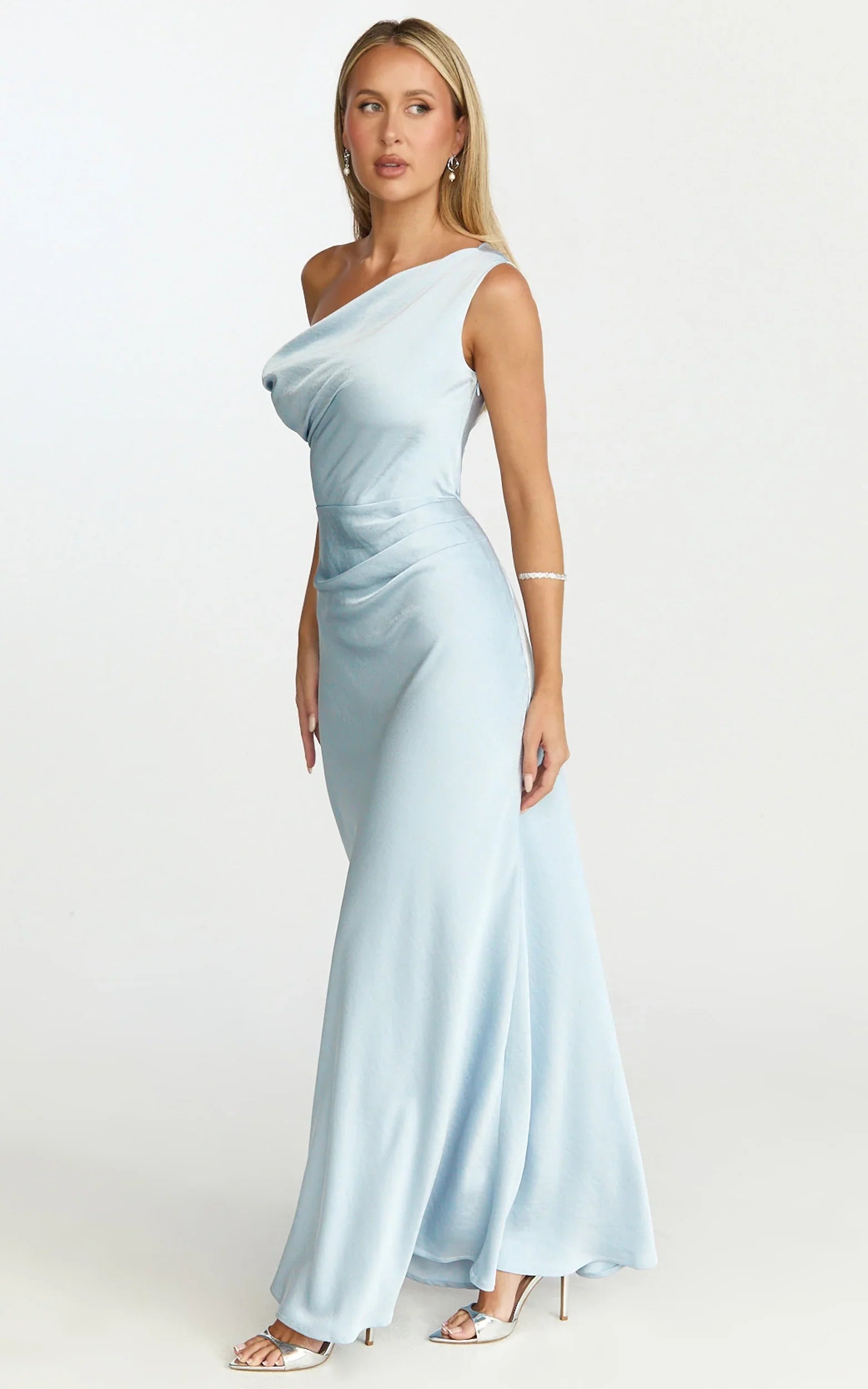 Lira Midi Dress - One Shoulder Satin Dress in Pale Blue - Image 2