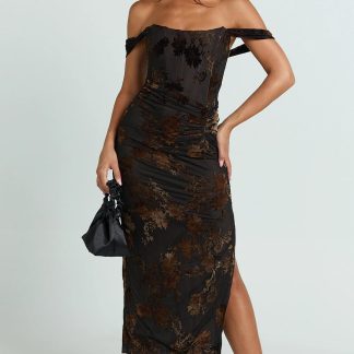 Karlene Midi Dress - Ruched Corset Burnout Dress in Black and Brown