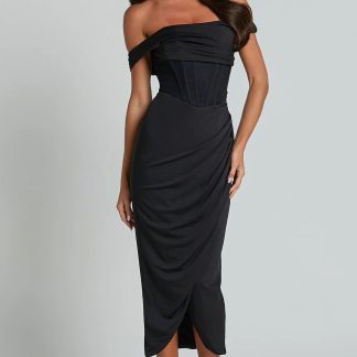 Aidia Midi Dress - Off Shoulder Draped Corset Dress in Black
