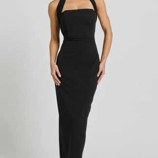 Salome Midi Dress - Halter Neck Column Dress in Black