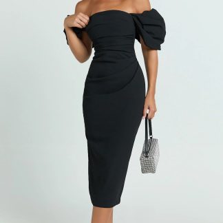 Lohan Midi Dress - Off Shoulder Puff Sleeve in Black