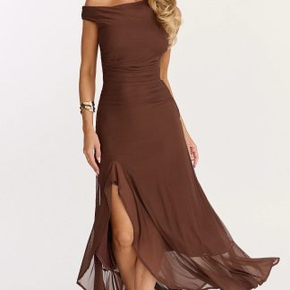 Judee Midi Dress - One Shoulder High Side Split Dress in Chocolate