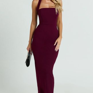 Salome Midi Dress - Halter Neck Column Dress in Wine