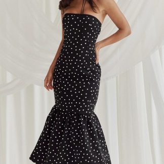 Seraphina Midi Dress - Polka Dot Strapless Lace Neck Gathered Mermaid Skirt Dress in Black Polka Dot