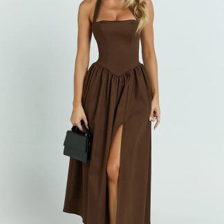 Helda Midi Dress - Halter Tie Neck Corset Panel Dress in Chocolate
