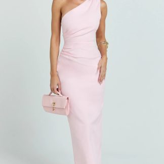 Karlie Midi Dress - One Shoulder Fitted Dress in Pink