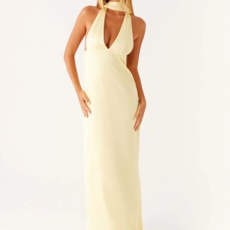 Alicia Satin Halter Maxi Dress - Yellow