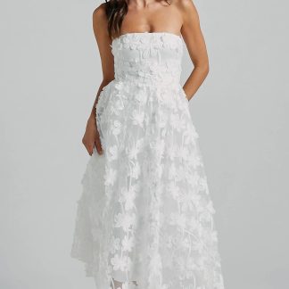 Rheiva Midi Dress - Strapless 3D Embroidery Midi Dress in White