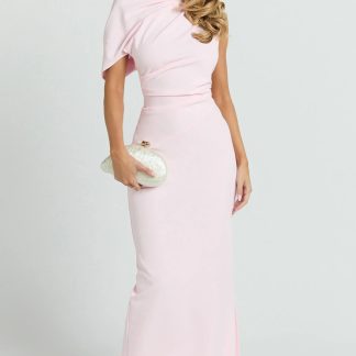 Visenta Midi Dress - Asymmetrical Sleeve Dress in Pink