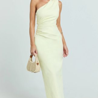 Karlie Midi Dress - One Shoulder Fitted Dress in Lemon