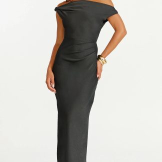 Lira Midi Dress - One Shoulder Satin Dress in Black