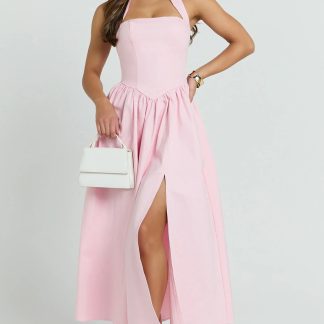 Helda Midi Dress - Halter Tie Neck Corset Panel Dress in Pink